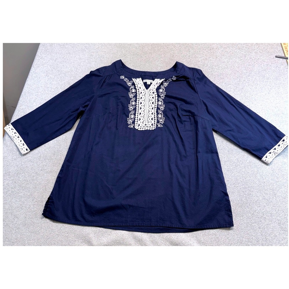 Croft & Barrow Blouse Womens Large Navy Blue Lace Trim Embroidered Cotton Boho